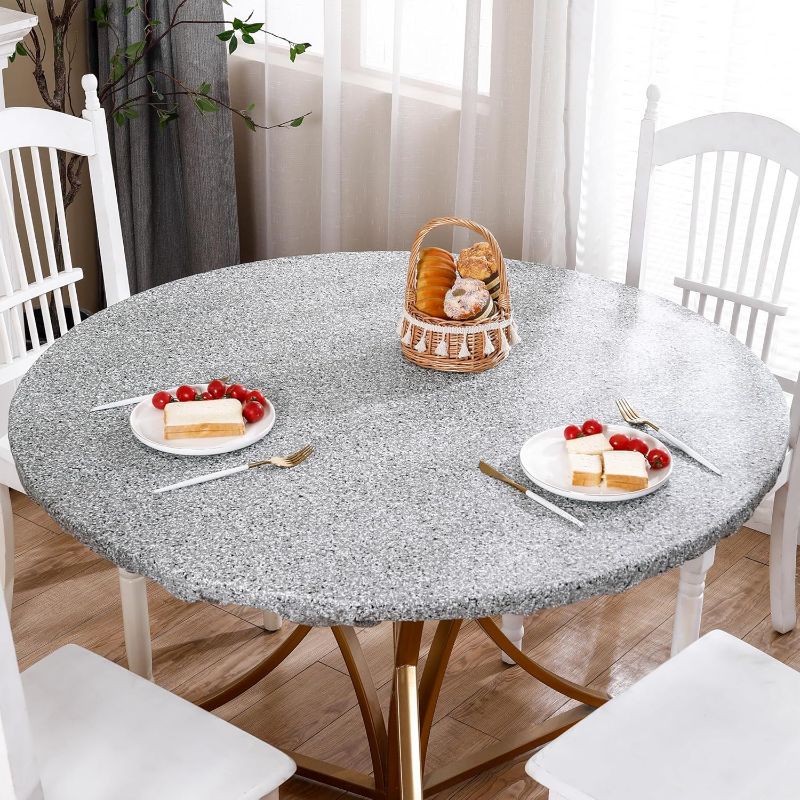 Photo 1 of Round Vinyl Fitted Tablecloth with Flannel Backing Elastic Edge Design Table Cover Waterproof Oil-Proof PVC Table Cloth Stain-Resistant Wipeable for 32"-36" Round Table (Granite)
