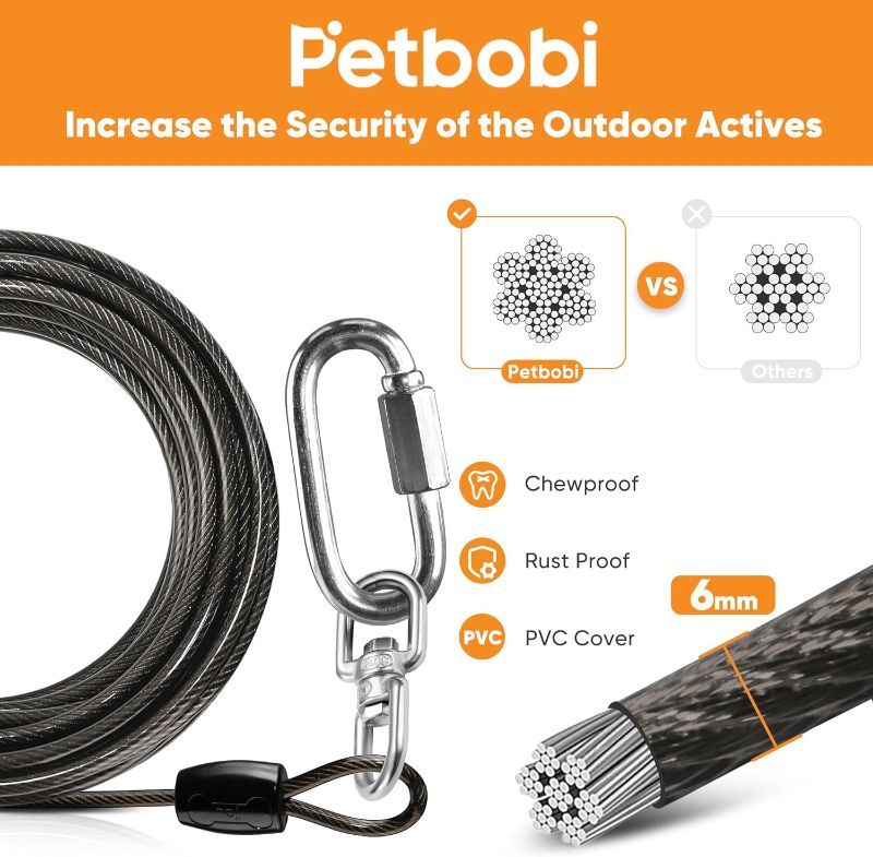 Photo 1 of Petbobi Dog Tie-Out Cable and Stake - Heavy Duty Anti Rust Spiral Stakes, 10ft Steel Wire Run Cable, No Tangle Leash, 360° Swivel Hooks, Dog Runner for Yard Camping, Medium Large Breeds Up to 300lbs