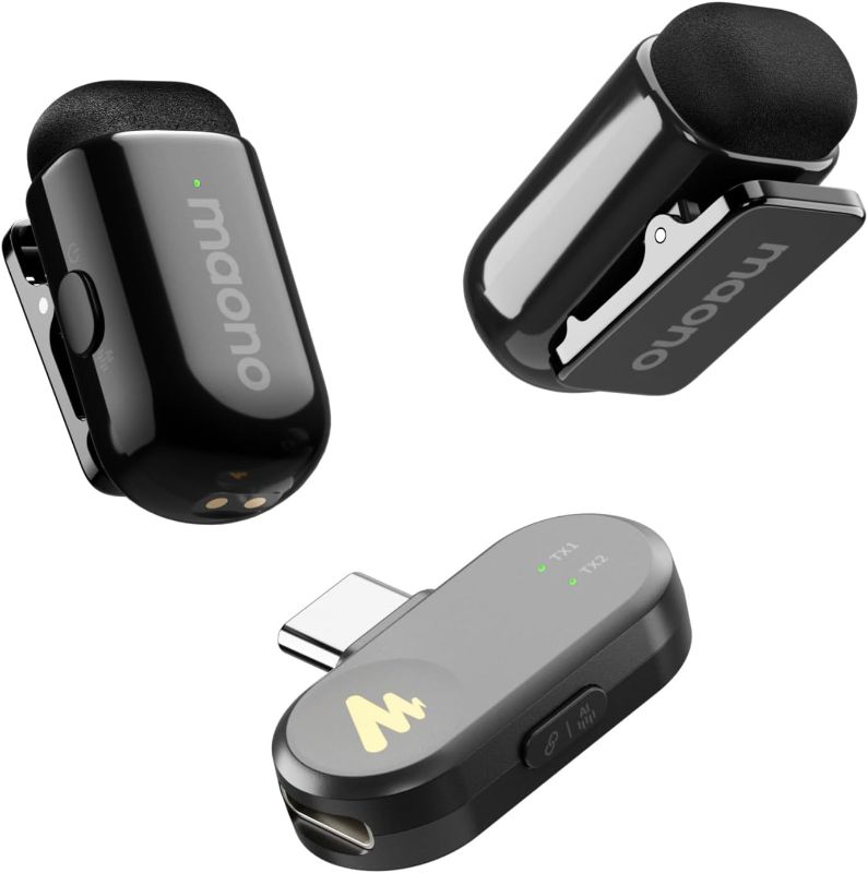 Photo 1 of MAONO Wave T1 Mini Wireless Lavalier Microphone for iPhone 16 15, Android, Tablet, PC, Clip on Lapel Mic with USB-C Plug, Noise Cancellation, AI Voice Filter for Video Recording Vlog TikTok YouTube
