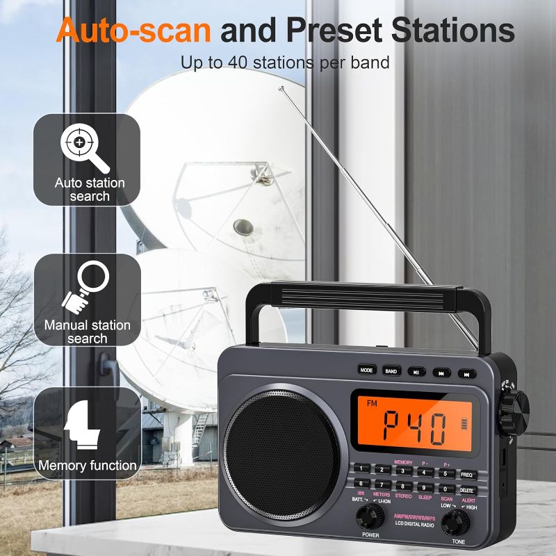 Photo 1 of Portable Radio with Best Reception, 4000mAh Rechargeable Digital Radio AM FM Portable with SD Card/USB Playback, Digital Tunner, Big Speaker, LCD Screen(Grey)