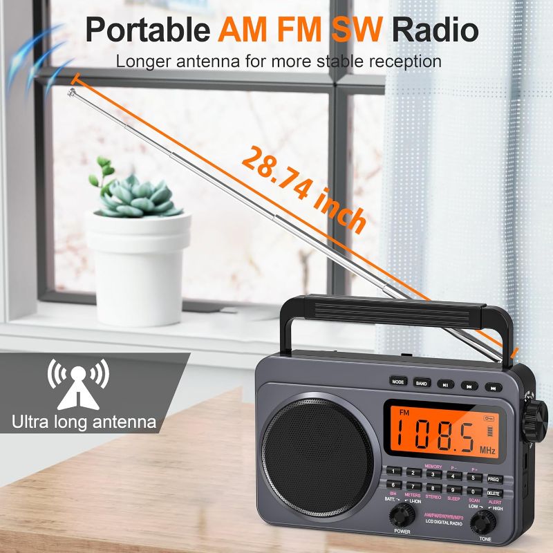 Photo 1 of Portable Radio with Best Reception, 4000mAh Rechargeable Digital Radio AM FM Portable with SD Card/USB Playback, Digital Tunner, Big Speaker, LCD Screen(Grey)