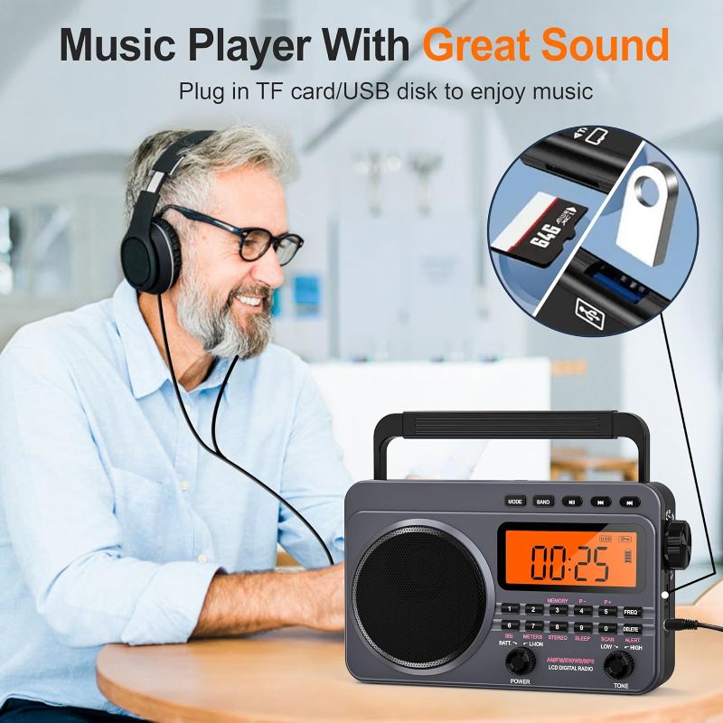 Photo 1 of Portable Radio with Best Reception, 4000mAh Rechargeable Digital Radio AM FM Portable with SD Card/USB Playback, Digital Tunner, Big Speaker, LCD Screen(Grey)