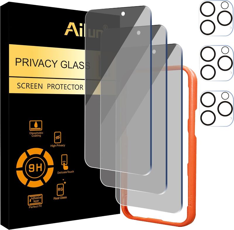 Photo 1 of Ailun 3 Pack Privacy Screen Protector for iPhone 16 Pro Max [6.9 inch]+ 3 Pack Camera Lens Protector,Dynamic Island Compatible,Anti Spy Tempered Glass[9H