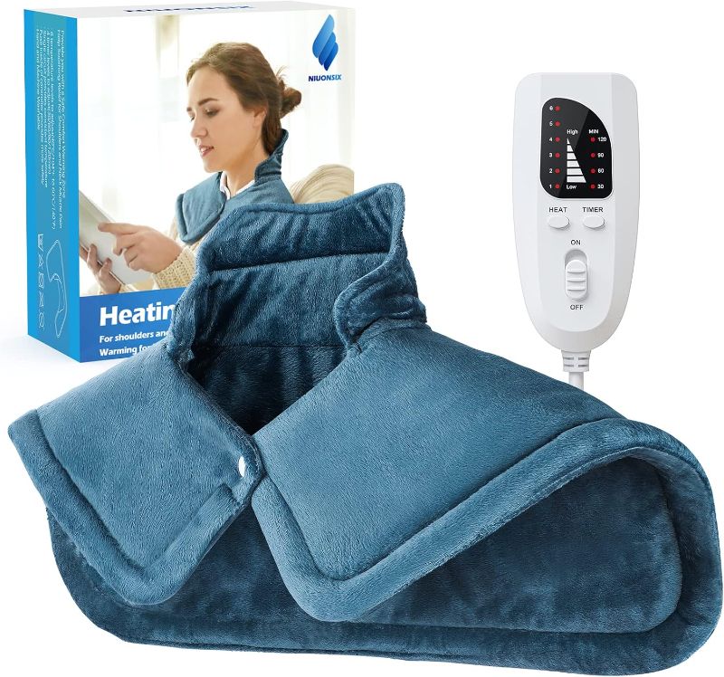 Photo 1 of NIUONSIX Heating Pad for Neck and Shoulders and Back, Birthday Gifts for Women Mom Wife Men Dad, Weighted Electric Heated Wrap for Pain Relief and Daily Relax, 6 Heat Settings 4 Timers Auto Off, Blue