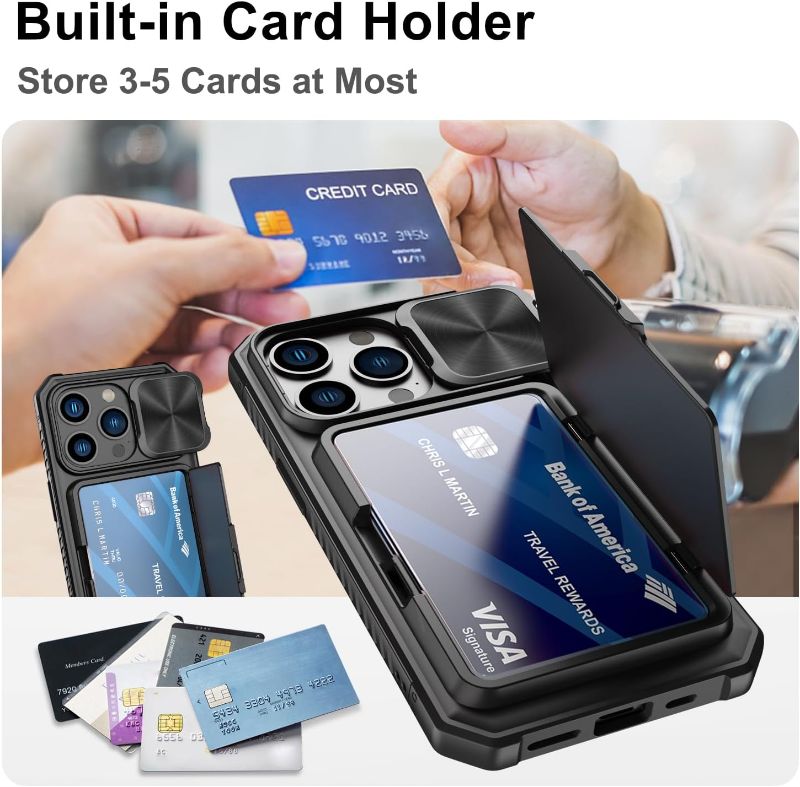 Photo 1 of for iPhone 15 Pro Case Wallet with Card Holder (4-5 Cards) & Slide Camera Cover & Kickstand, Military Grade Drop Protection Rugged Shockproof Protective Case for iPhone 15 Pro 5G 6.1", Black