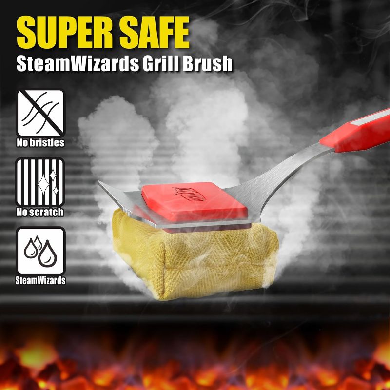 Photo 1 of GRILLART Grill Brush Bristle Free. SteamWizards BBQ Replaceable Cleaning Head, Unique Seamless-Fit Scraper Tool for Cast Iron/Stainless-Steel Grates, Safe Barbecue Grill Cleaner-Red