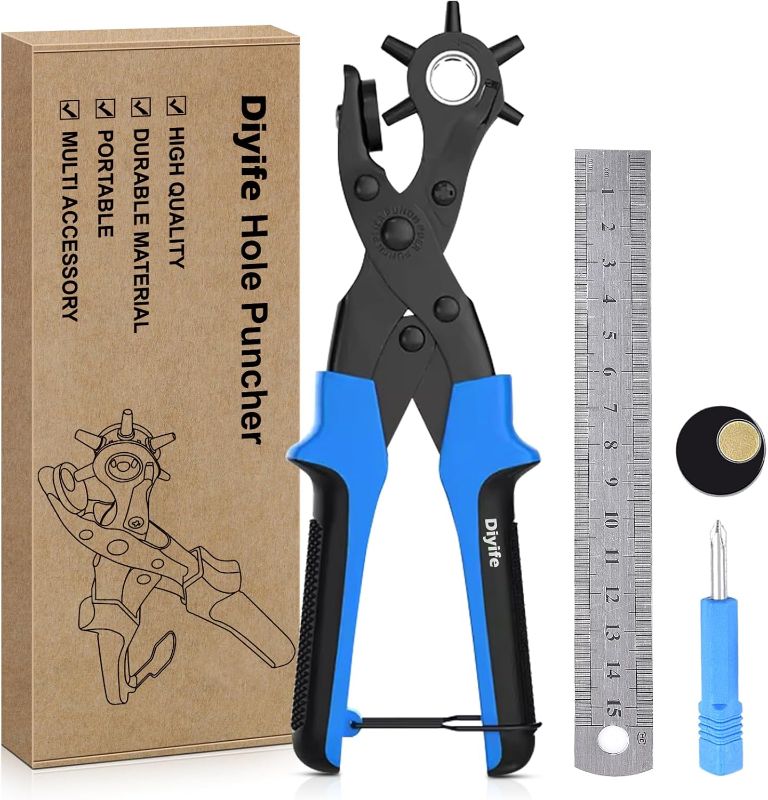 Photo 1 of Professional Leather Hole Puncher, Full Set Punch Tool Kits for Belt, Watch Band, Shoe, Crafting, Handbag Straps, Fabric, with Extra Punch Plates and Ruler, Multi Hole Sizes Make - Blue
Visit the Diyife Store