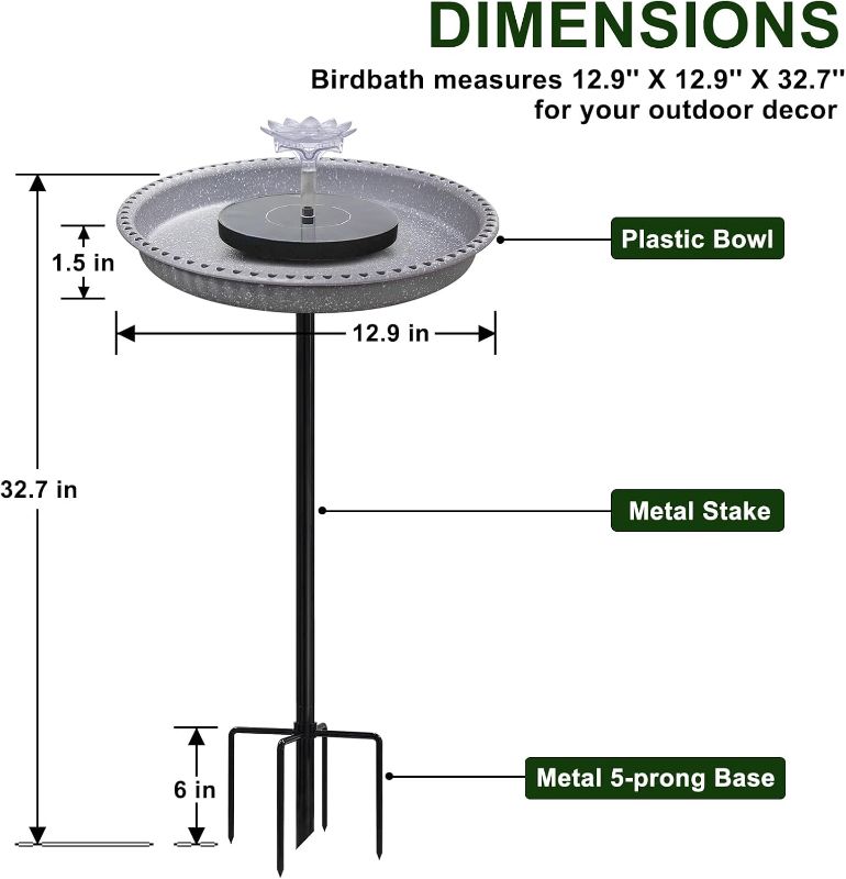 Photo 1 of Bird Bath with Solar Fountain, Durable 5-Prong Base Solar Bird Bath with Stable Metal Stake, Detachable Solar Powered Bird Baths for Garden Outdoor Yard Lawn, Spotted Grey