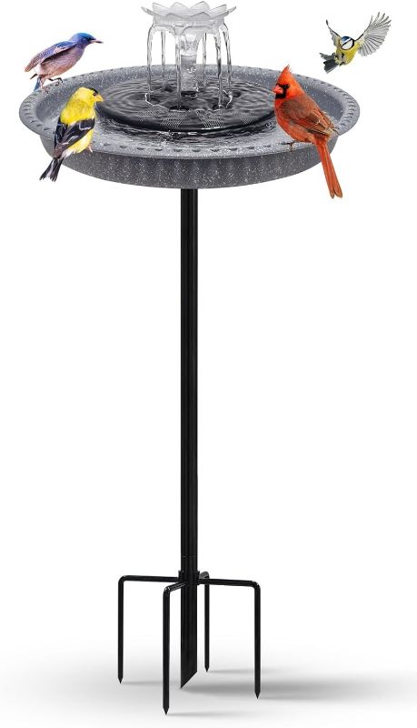 Photo 1 of Bird Bath with Solar Fountain, Durable 5-Prong Base Solar Bird Bath with Stable Metal Stake, Detachable Solar Powered Bird Baths for Garden Outdoor Yard Lawn, Spotted Grey