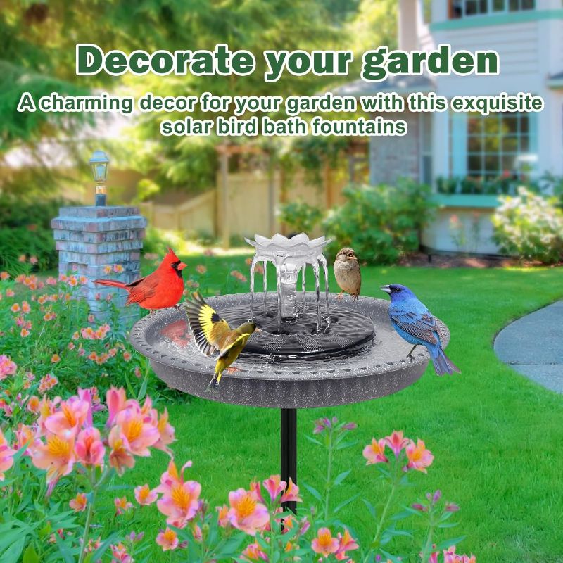 Photo 1 of Bird Bath with Solar Fountain, Durable 5-Prong Base Solar Bird Bath with Stable Metal Stake, Detachable Solar Powered Bird Baths for Garden Outdoor Yard Lawn, Spotted Grey