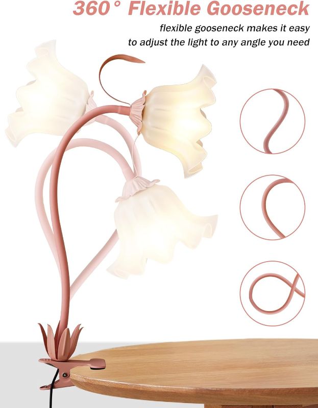 Photo 1 of Desk Lamp Flower Clip on Light,3 Color Modes Book Light Flexible Gooseneck LED Reading Light with Clamp Eye-Care Clip on Lamp for Bed Headboard Study Office Dorm (Pink Lamp)