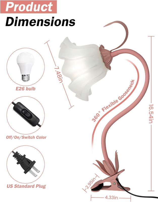 Photo 1 of Desk Lamp Flower Clip on Light,3 Color Modes Book Light Flexible Gooseneck LED Reading Light with Clamp Eye-Care Clip on Lamp for Bed Headboard Study Office Dorm (Pink Lamp)