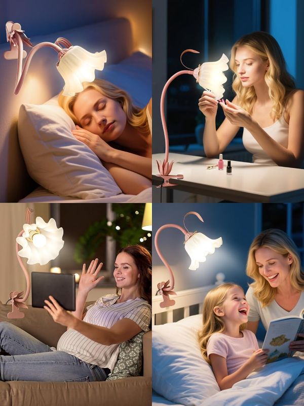 Photo 1 of Desk Lamp Flower Clip on Light,3 Color Modes Book Light Flexible Gooseneck LED Reading Light with Clamp Eye-Care Clip on Lamp for Bed Headboard Study Office Dorm (Pink Lamp)
