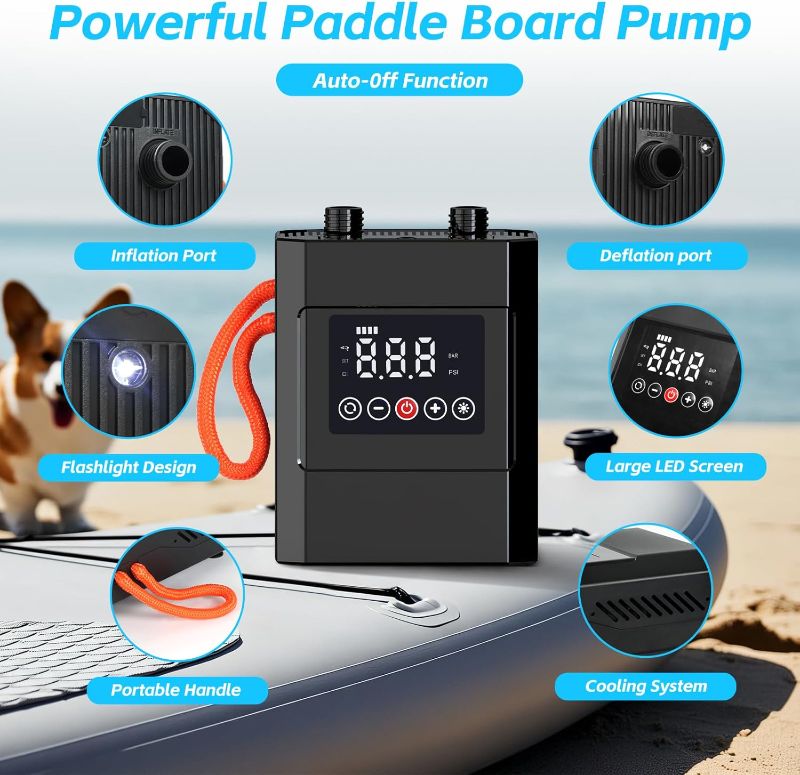 Photo 1 of 20PSI Electric Paddle Board Pump, Rechargeable Sup Pump with Storage Bag, Intelligent Dual Stage Inflation & Deflation, Auto-Off SUP Air Pump for Stand Up Paddle Boards, Kayaks, Boats, Tents