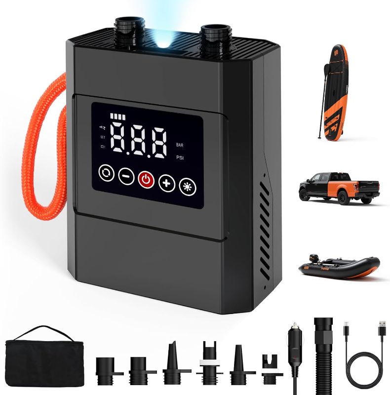 Photo 1 of 20PSI Electric Paddle Board Pump, Rechargeable Sup Pump with Storage Bag, Intelligent Dual Stage Inflation & Deflation, Auto-Off SUP Air Pump for Stand Up Paddle Boards, Kayaks, Boats, Tents