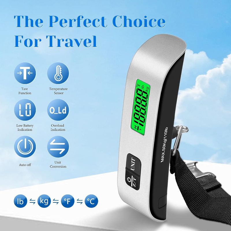 Photo 1 of Luggage Scale, 110lb Luggage Weight Scale with 4 Unit Switching Functions&LED Display, Luggage Scale Travel Digital for Weighing Luggage, Backpacks, Packages and Markets