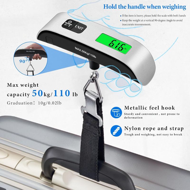 Photo 1 of Luggage Scale, 110lb Luggage Weight Scale with 4 Unit Switching Functions&LED Display, Luggage Scale Travel Digital for Weighing Luggage, Backpacks, Packages and Markets