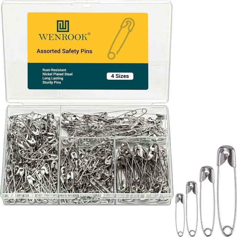 Photo 1 of 300 Pack Safety Pins Assorted, 4 Different Sizes, Strong Nickel Plated Steel, Safety Pins for Clothes, Crafts, Pinning and More
