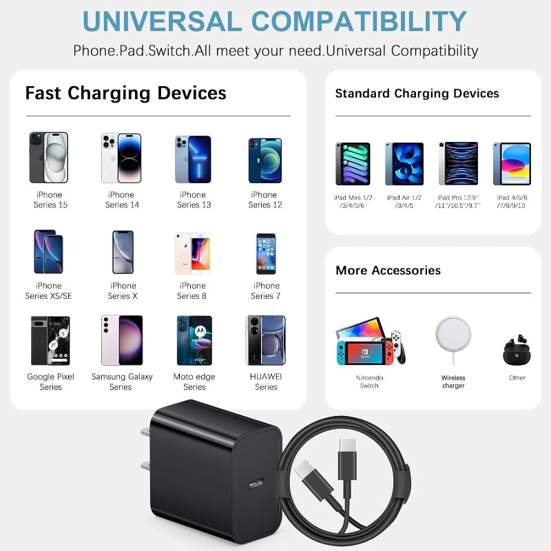 Photo 1 of 10 Ft iPhone 16 15 Charger Fast Charging USB C Charger Block Type C Chagrer Fast Charging 2-Pack for iPhone 16/16 Plus/16 Pro/16 Pro Max/iPhone 15/15 Pro