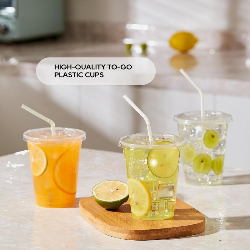 Photo 1 of 100 Pack 12 OZ Clear Plastic Cups, Cold Party Drinking Cups, Clear Disposable Cups Fruit/Ice Cream/Cupcake/Iced Cold Drinks