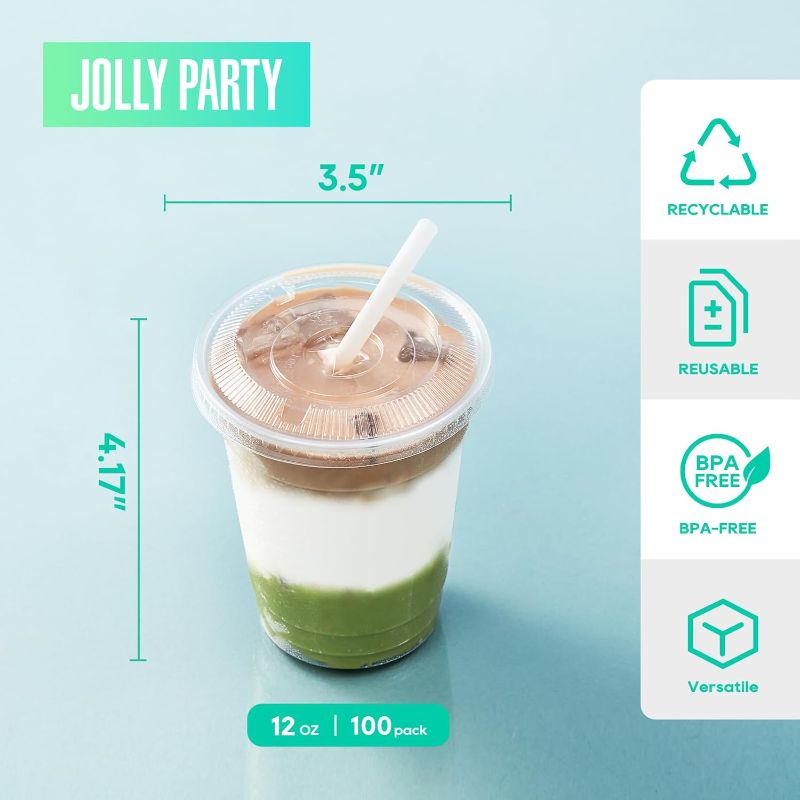 Photo 1 of 100 Pack 12 OZ Clear Plastic Cups, Cold Party Drinking Cups, Clear Disposable Cups Fruit/Ice Cream/Cupcake/Iced Cold Drinks