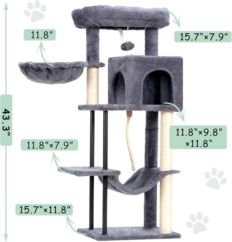 Photo 1 of Cat Tree, Cat Tower for Indoor Cats, 43.3 inch Cat Tree Tower with Sturdy Steel Tube, Cat Hammock, Cat Condo for Small Cats and Kittens, Cat Scratching Post,  Gray GCT004SW