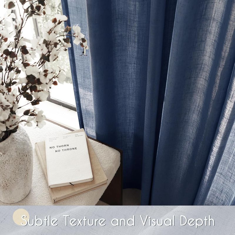Photo 1 of Navy Blue Curtains 84 inch Length for Bedroom Back Tab Light Filtering Semi Sheer Blue Living Room Curtains Linen Cotton Textured Indigo Blue Drapery Panel Modern Farmhouse Aesthetic Decor Dark Blue