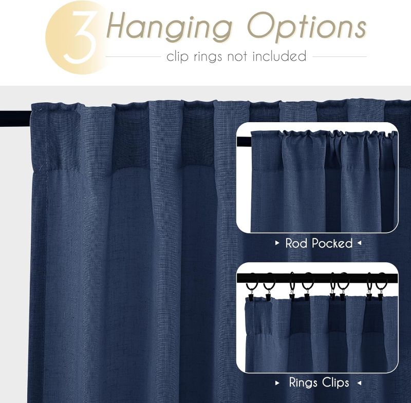 Photo 1 of Navy Blue Curtains 84 inch Length for Bedroom Back Tab Light Filtering Semi Sheer Blue Living Room Curtains Linen Cotton Textured Indigo Blue Drapery Panel Modern Farmhouse Aesthetic Decor Dark Blue