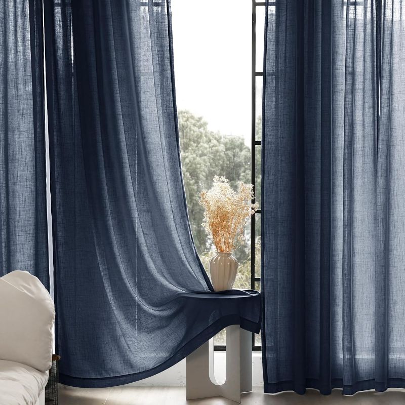 Photo 1 of Navy Blue Curtains 84 inch Length for Bedroom Back Tab Light Filtering Semi Sheer Blue Living Room Curtains Linen Cotton Textured Indigo Blue Drapery Panel Modern Farmhouse Aesthetic Decor Dark Blue