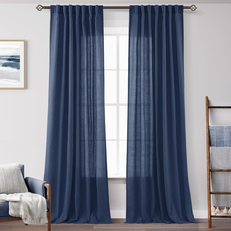 Photo 1 of Navy Blue Curtains 84 inch Length for Bedroom Back Tab Light Filtering Semi Sheer Blue Living Room Curtains Linen Cotton Textured Indigo Blue Drapery Panel Modern Farmhouse Aesthetic Decor Dark Blue