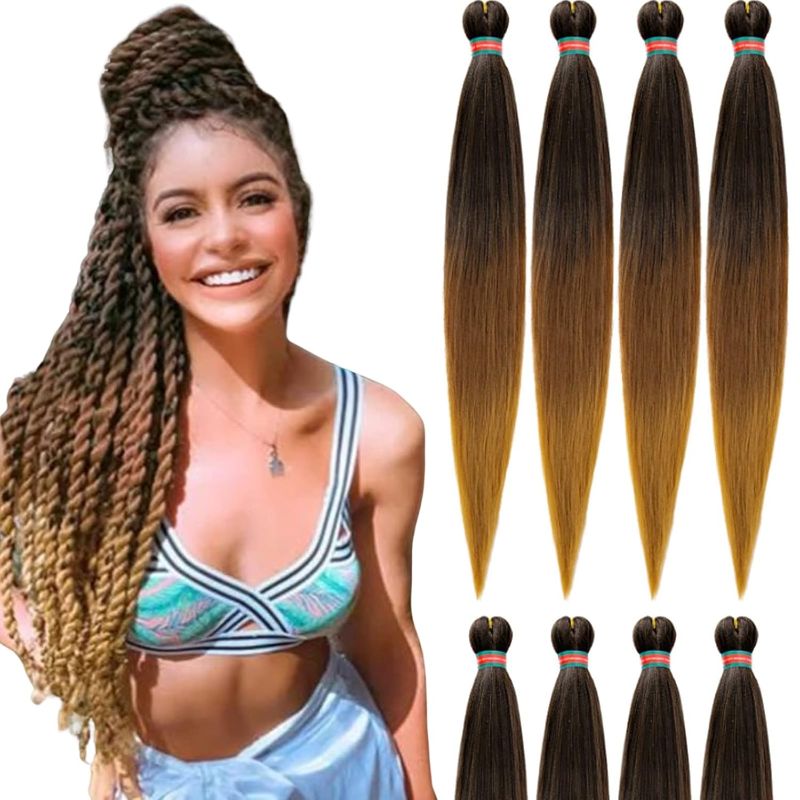Photo 1 of Ombre Pre stretched Braiding Hair, 36 inches Braid Hair Extensions, 8 packs Multi Color blend braiding hair pre-stretched, Crochet Hair Braiding(36''-8packs, 1b/30/27)