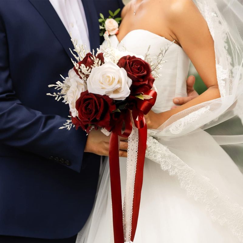 Photo 1 of Wedding Bouquets for Bride, Champagne White & Burgundy Bridal Bridesmaid Wedding Flowers, Artificial Toss Rose for Civil Ceremony (Hollow Lace Ribbon Handle)

