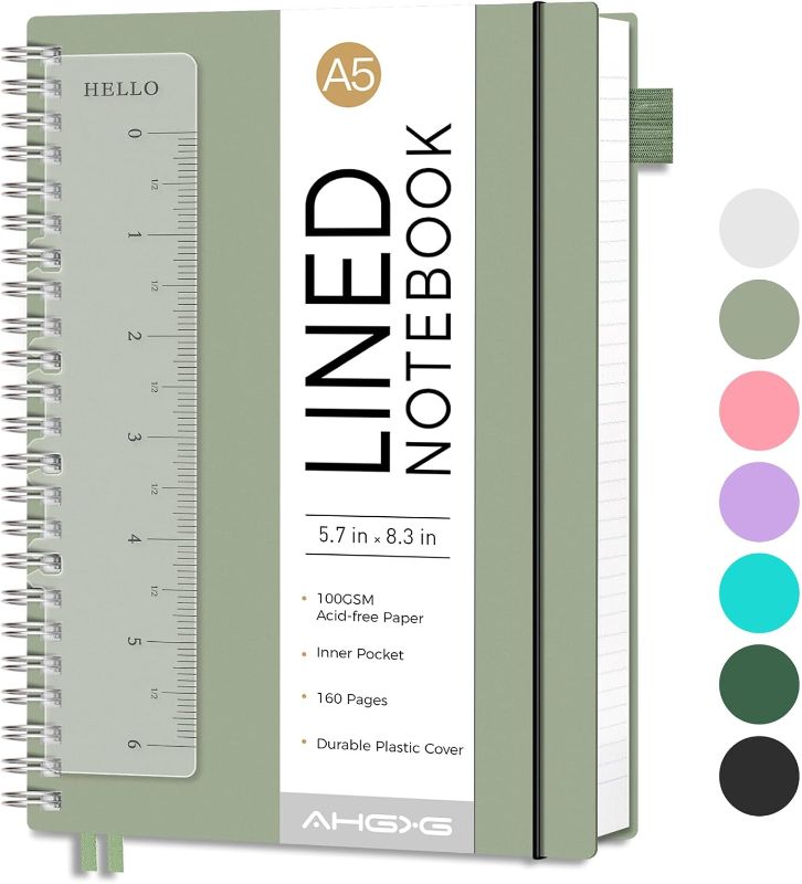 Photo 1 of Lined Spiral Notebook Journal for Women Men, 160 Numbered Pages, A5 College Ruled Notebook for School Work Writing Note Taking, 5.7" x 8.3", 100 GSM Thick Paper, Waterproof Plastic Cover, Sage Green