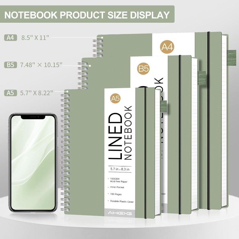 Photo 1 of Lined Spiral Notebook Journal for Women Men, 160 Numbered Pages, A5 College Ruled Notebook for School Work Writing Note Taking, 5.7" x 8.3", 100 GSM Thick Paper, Waterproof Plastic Cover, Sage Green