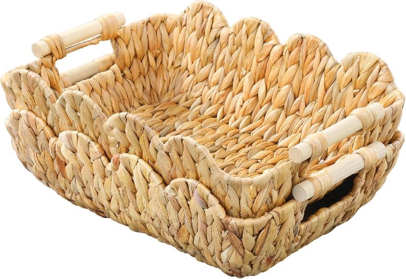 Photo 1 of Wicker Basket,Scalloped Basket with Wooden Handle,Hand-Woven Water Hyacinth Storage Baskets for Organizing,Shelves,Snack,2 Pack