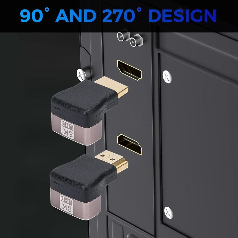 Photo 1 of 8K 90 Degree HDMI 2.1 Adapter 2 Pack, (Up and Down) Right Angle HDMI Male to Female HDMI L-Shaped Connector Extender Support 8K@60Hz,4K@120Hz for Google Chrome Cast, Roku Stick, Wall TV, Laptop and PC