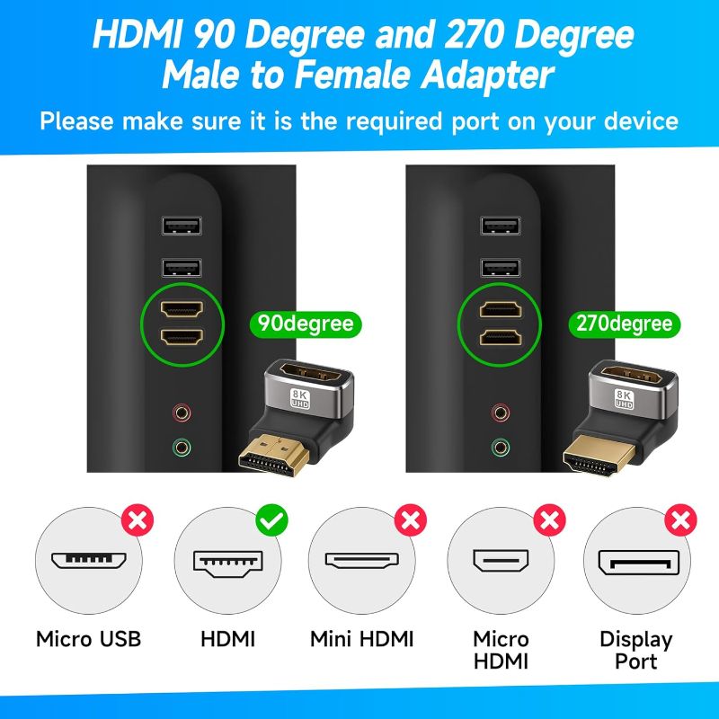 Photo 1 of 8K 90 Degree HDMI 2.1 Adapter 2 Pack, (Up and Down) Right Angle HDMI Male to Female HDMI L-Shaped Connector Extender Support 8K@60Hz,4K@120Hz for Google Chrome Cast, Roku Stick, Wall TV, Laptop and PC