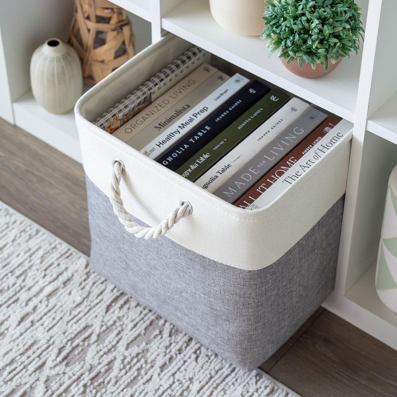 Photo 1 of OrganiHaus 13x13 Cube Storage Bins 4 pack, Foldable Cube Storage Organizer w/ Rope Handles, Collapsible Fabric Bins for Toys, Clothes & Closet Organization, Fabric Square Baskets - Gray/White