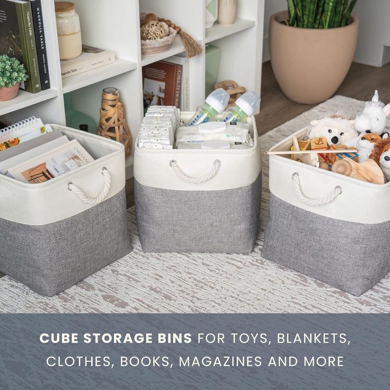 Photo 1 of OrganiHaus 13x13 Cube Storage Bins 4 pack, Foldable Cube Storage Organizer w/ Rope Handles, Collapsible Fabric Bins for Toys, Clothes & Closet Organization, Fabric Square Baskets - Gray/White