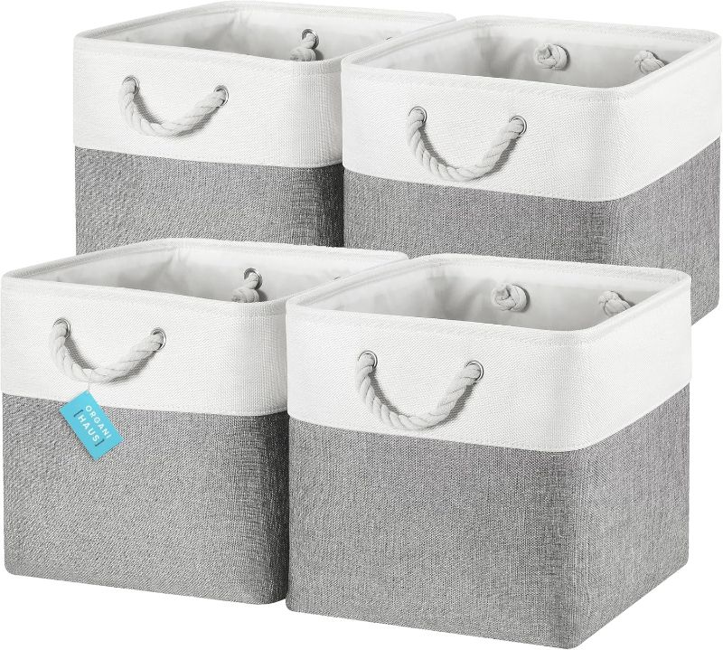 Photo 1 of OrganiHaus 13x13 Cube Storage Bins 4 pack, Foldable Cube Storage Organizer w/ Rope Handles, Collapsible Fabric Bins for Toys, Clothes & Closet Organization, Fabric Square Baskets - Gray/White