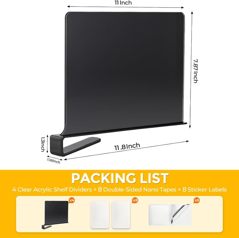 Photo 1 of JOY DECOR 8 Pack Acrylic Matte Black Shelf Dividers for Closets Organizer and Storage Adjustable Vertical Wood Shelf Closet Separators for Clothes,Book,Bags in Bedroom and Kitchen
Brand: JOY DECOR
