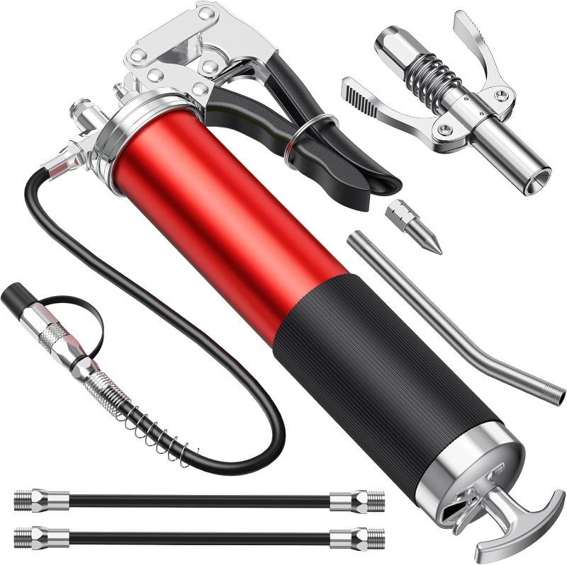 Photo 1 of Grease  Kit, 8000 PSI Heavy Duty Pistol Grip Grease Gun with Quick Locking Coupler, Spring Flex Hose, 14oz Load, 2 Standard Hose, Reinforced Coupler, Rigid Pipe, Sharp Nozzle