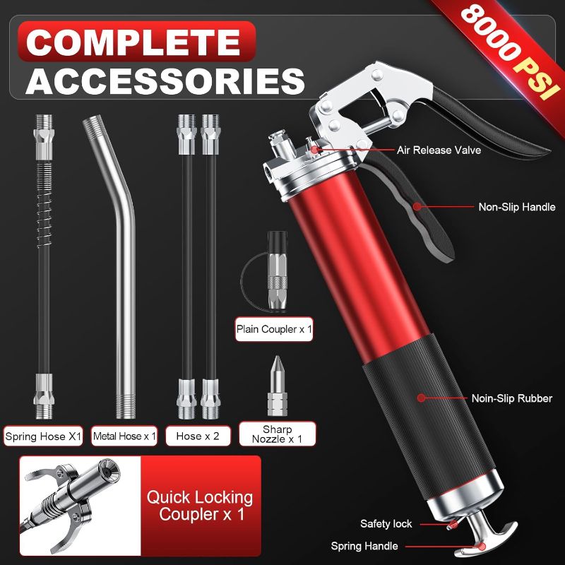 Photo 1 of Grease  Kit, 8000 PSI Heavy Duty Pistol Grip Grease Gun with Quick Locking Coupler, Spring Flex Hose, 14oz Load, 2 Standard Hose, Reinforced Coupler, Rigid Pipe, Sharp Nozzle