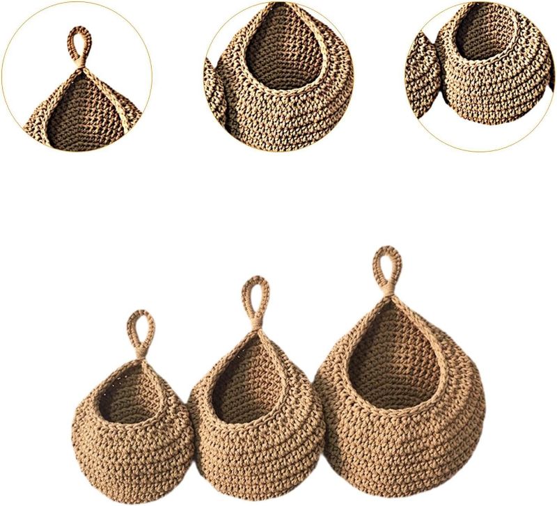 Photo 1 of 3 Pieces Hanging Wall Baskets Vegetable Fruit Baskets Cotton Rope Bohemian Kntited Pot Holder for Living Room Kitchen, Brow