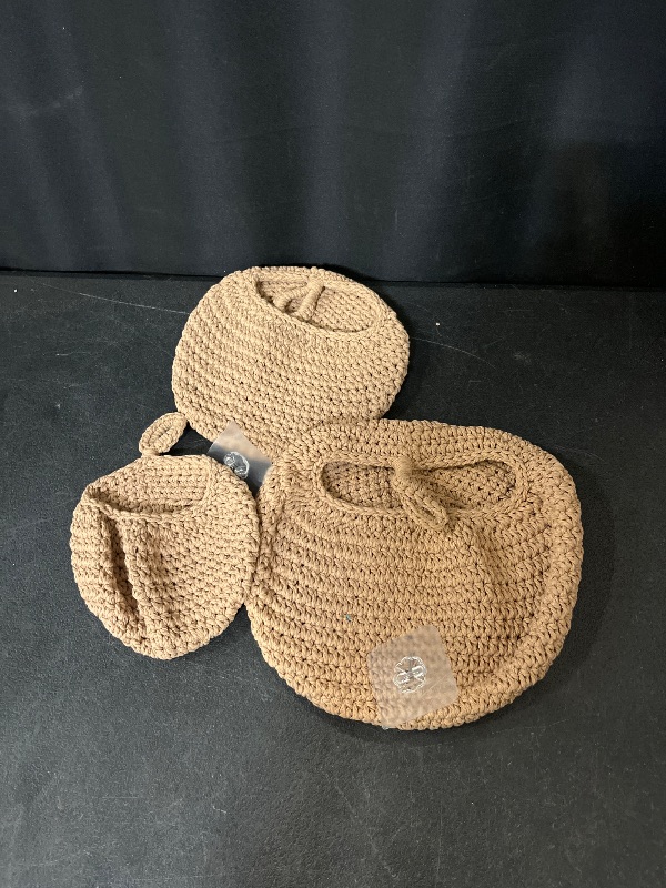 Photo 1 of 3 Pieces Hanging Wall Baskets Vegetable Fruit Baskets Cotton Rope Bohemian Kntited Pot Holder for Living Room Kitchen, Brow