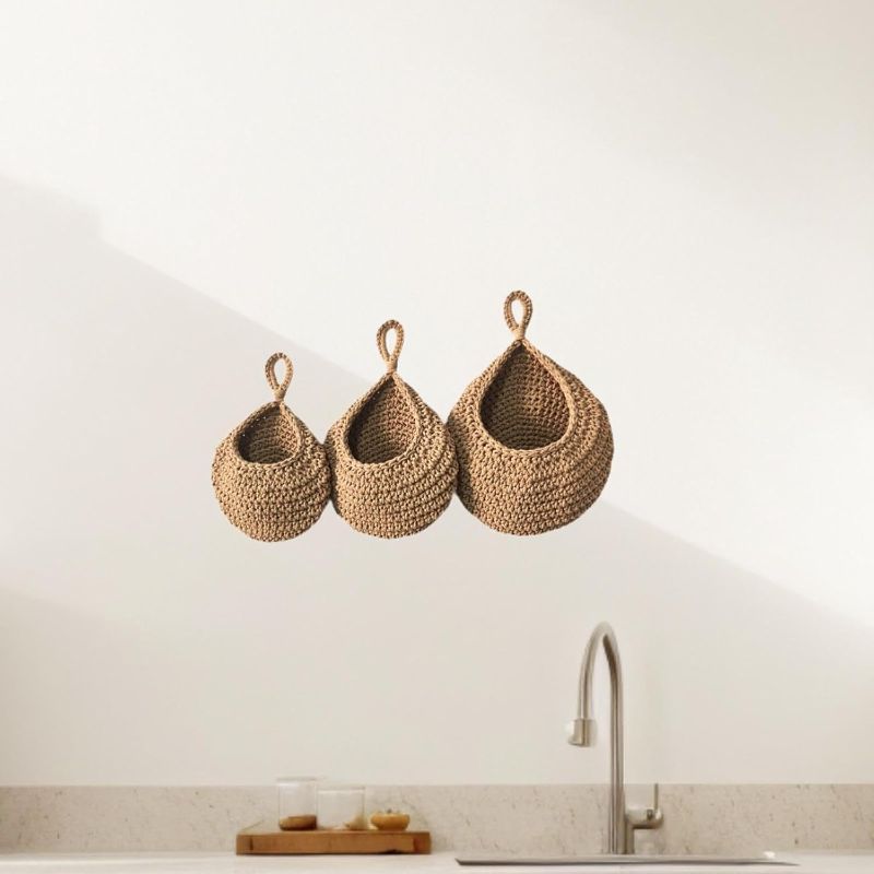 Photo 1 of 3 Pieces Hanging Wall Baskets Vegetable Fruit Baskets Cotton Rope Bohemian Kntited Pot Holder for Living Room Kitchen, Brow