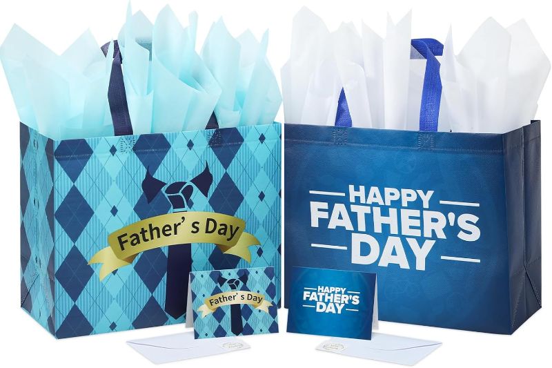 Photo 1 of YANGTE 2 Pack 13" Fathers Day Gift Bags with Tissue Paper, Gift Bags Medium, Fathers Day Gift for Men Dad Father Grandpa, Happy Fathers Day Gift for Party Favor Supplies, 12.8"*10.2"*6.3"