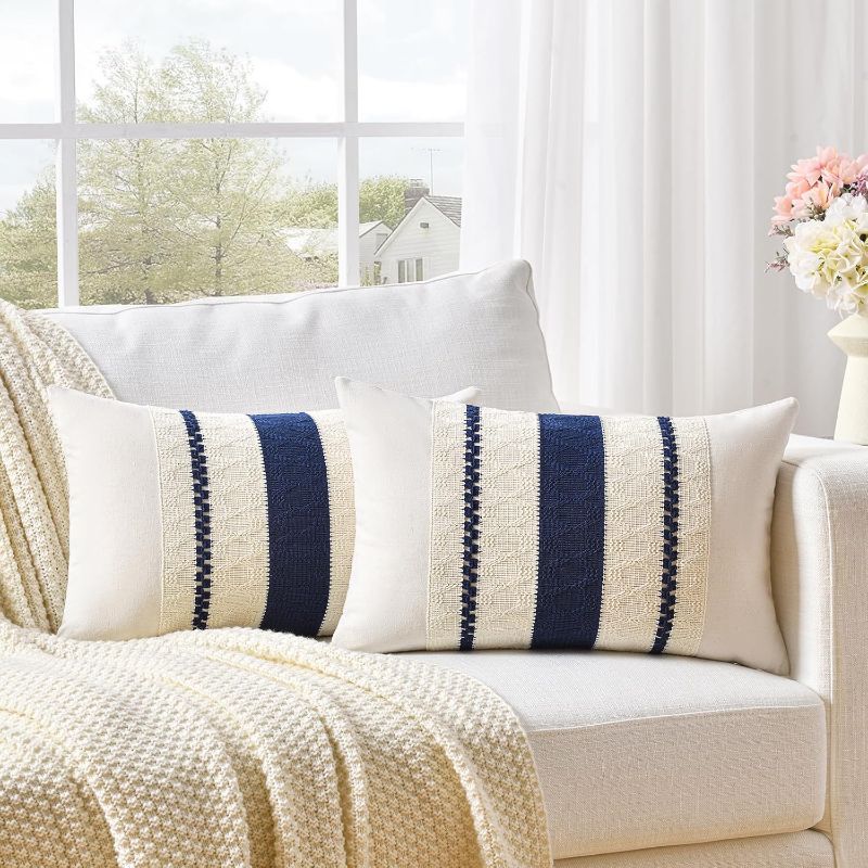 Photo 1 of Fancy Homi Set of 2 Navy Blue Lumbar Decorative Throw Pillow Covers 12x20 Inch for Couch Bed Sofa Living Room, Aesthetic Modern Organic Farmhouse Home Decor, Soft Cotton Woven Textured Cushion Case
