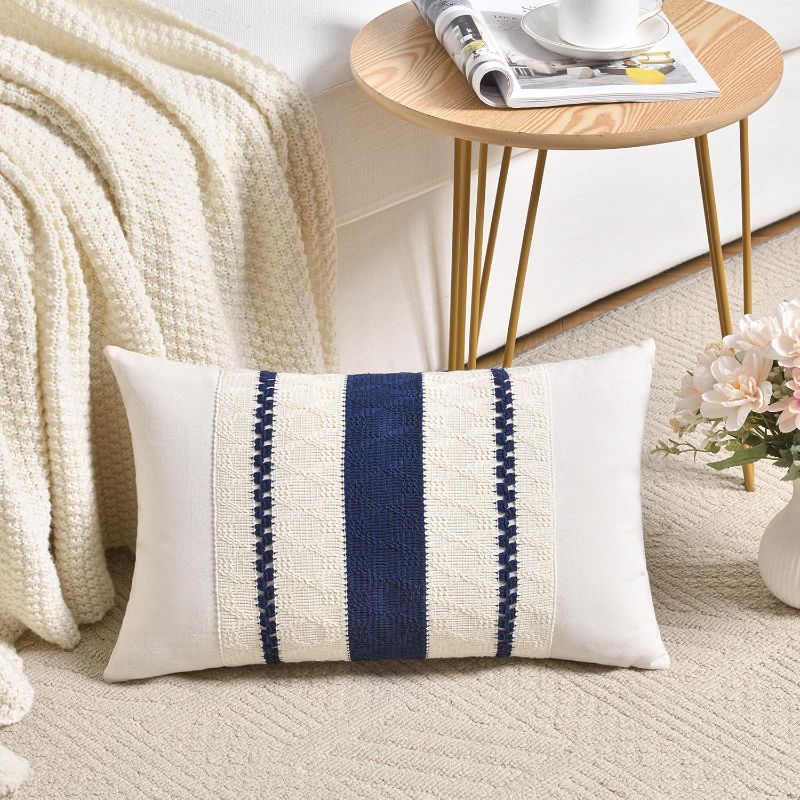 Photo 1 of Fancy Homi Set of 2 Navy Blue Lumbar Decorative Throw Pillow Covers 12x20 Inch for Couch Bed Sofa Living Room, Aesthetic Modern Organic Farmhouse Home Decor, Soft Cotton Woven Textured Cushion Case