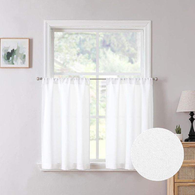 Photo 1 of Tollpiz Short Linen Tier Curtains Rod Pocket Semi Sheer Half Kitchen Curtain Burlap Light Filtering Thick Linen Drapes for Bathroom, 30 x 24 inches Long, White, Set of 2 Panels